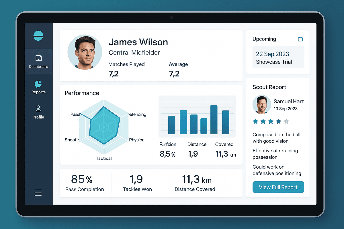 Player portal dashboard showing performance metrics and scout reports